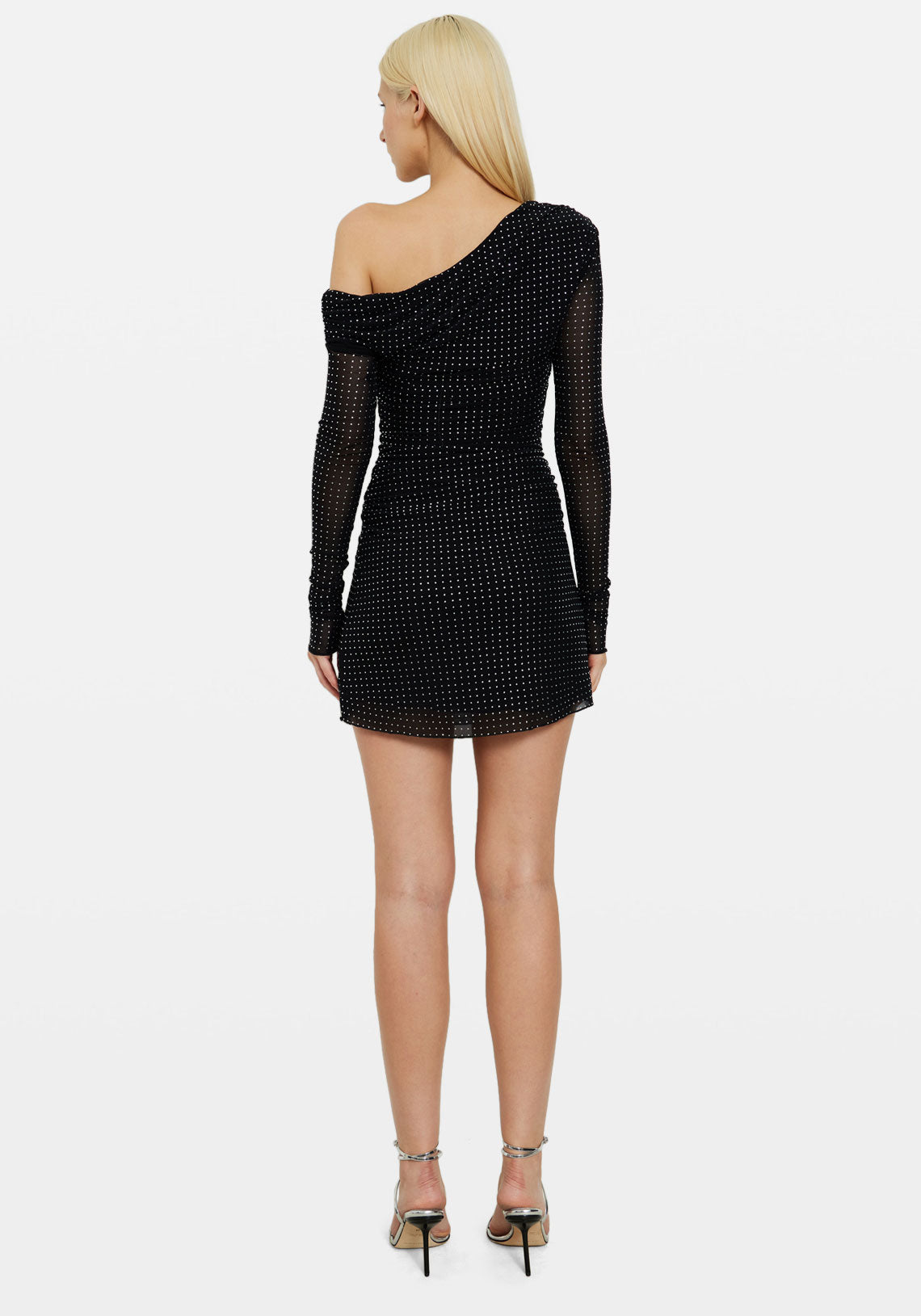 ASYMM MESH LS MINI DRESS BLACK CRYSTAL