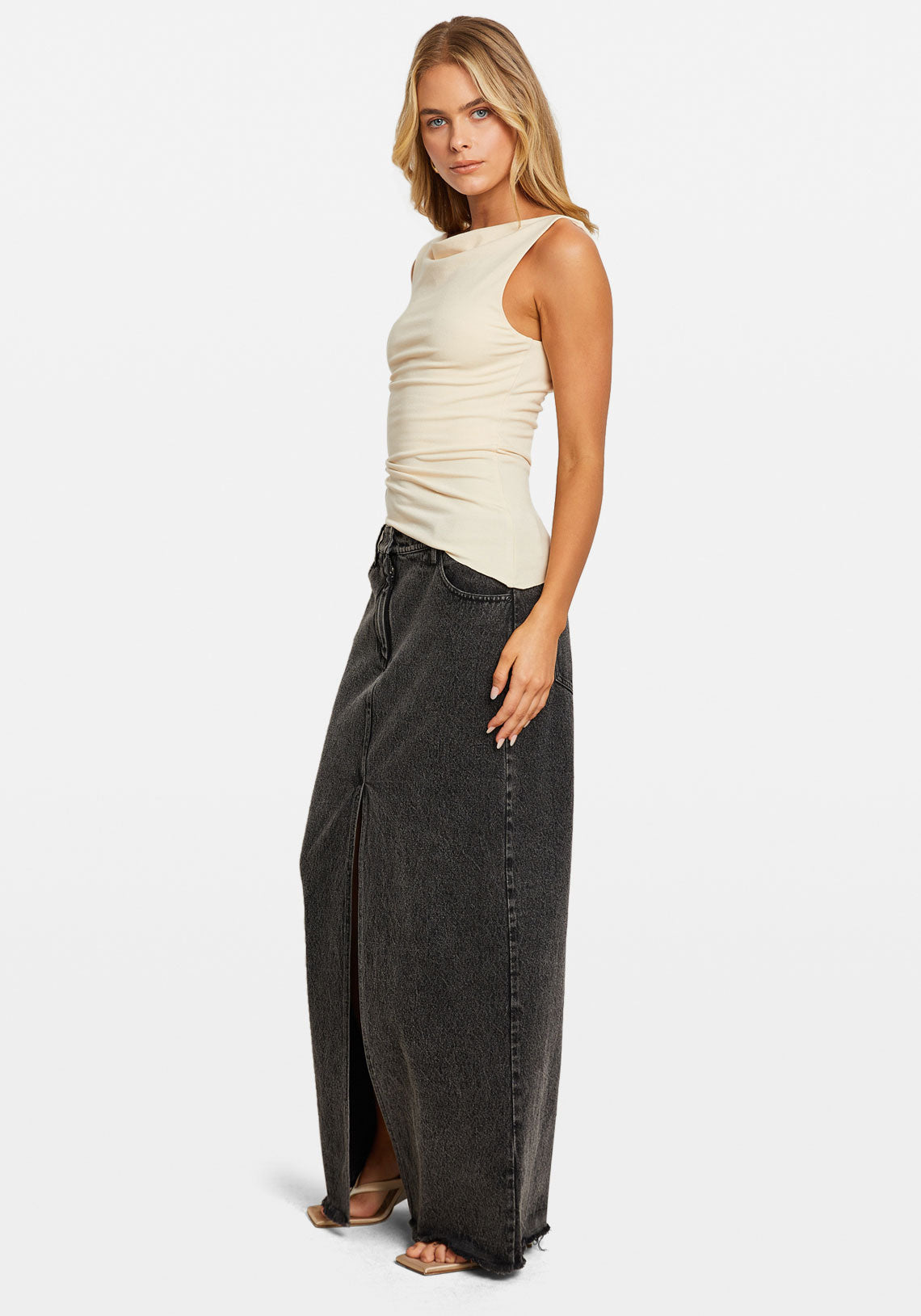 LOW RISE DENIM MAXI SKIRT