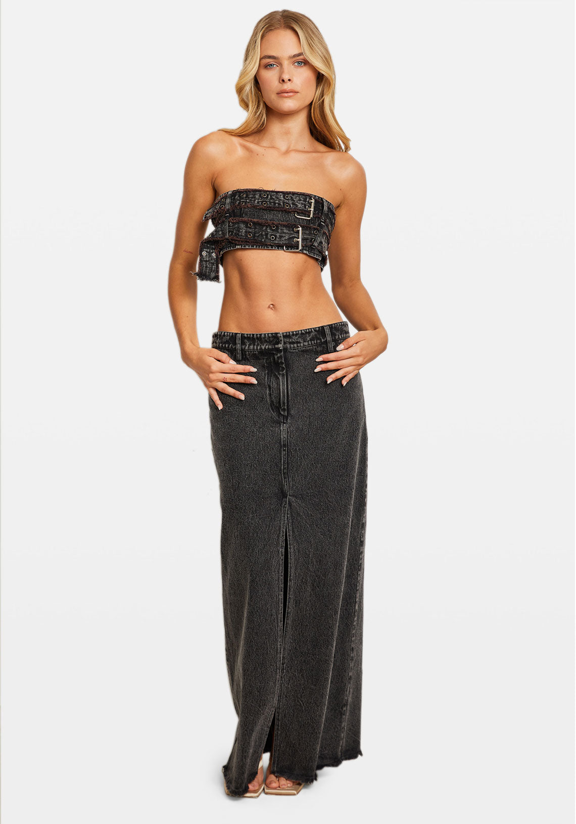 LOW RISE DENIM MAXI SKIRT