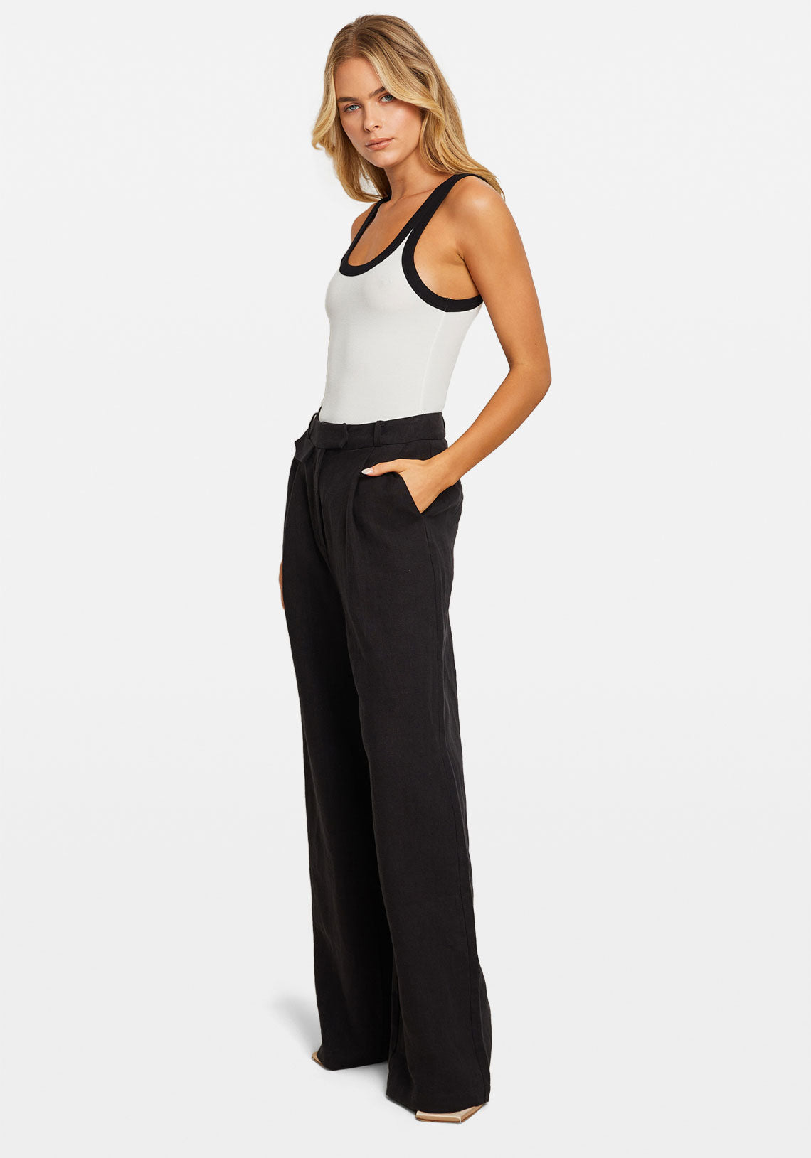 LINEN HIGH RISE TAILORED PANT BLACK
