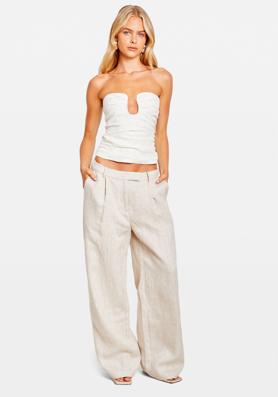 RUCHED LINEN TOP WHITE