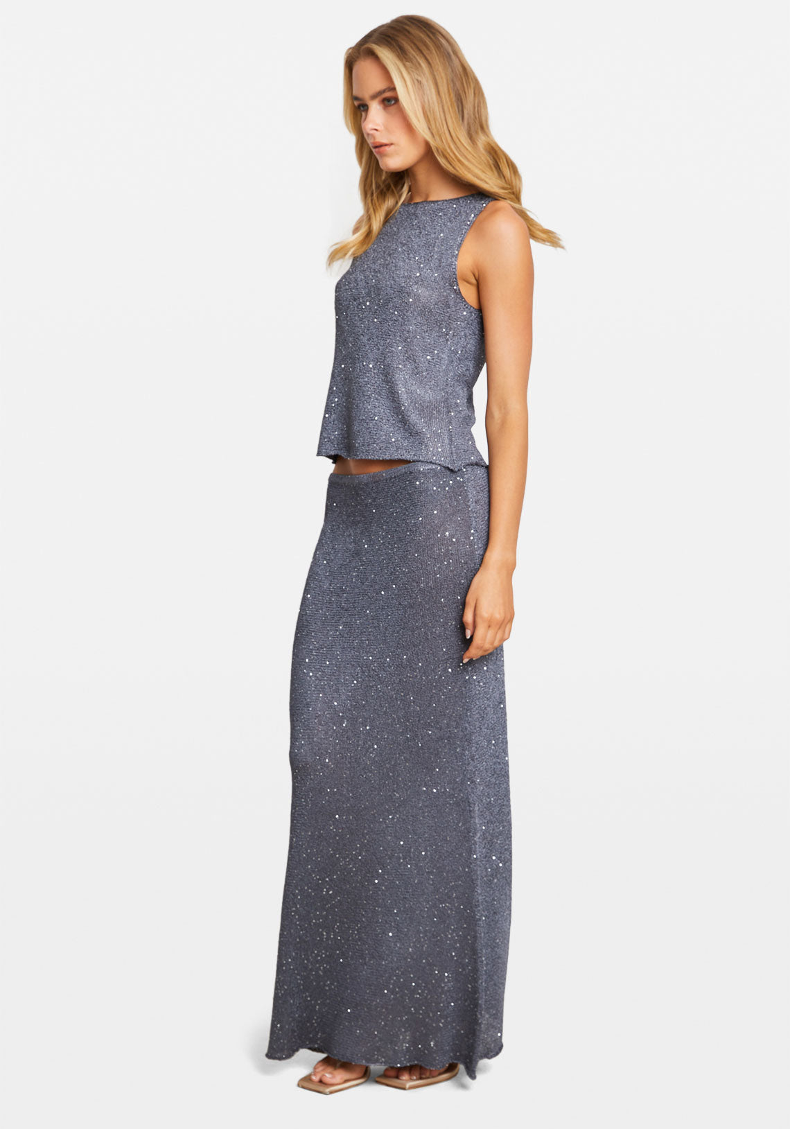 SEQUIN KNIT MAXI SKIRT COAL